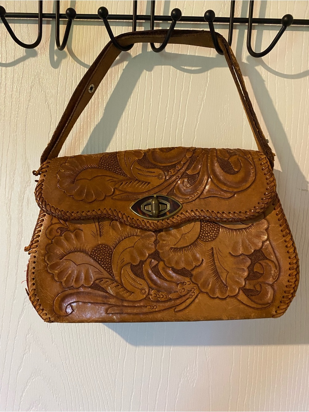 Hand-Tooled Leather Shoulder Bag in Tan